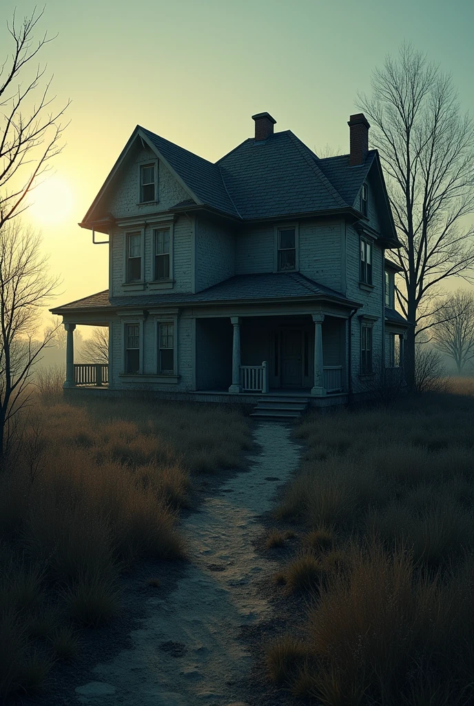 The old house at dawn, with the first light of day casting long shadows. The house looks abandoned and foreboding, with no sign of the friends.