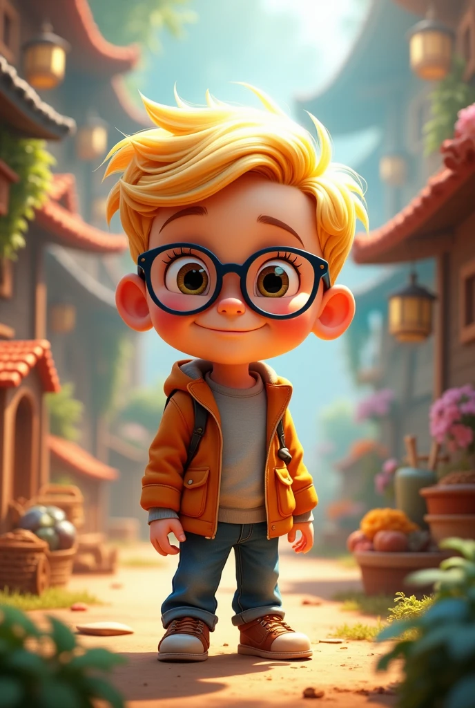 Disney style. pixar. Best quality,detailed background,Boy. blonde hair. black glasses. view from above,