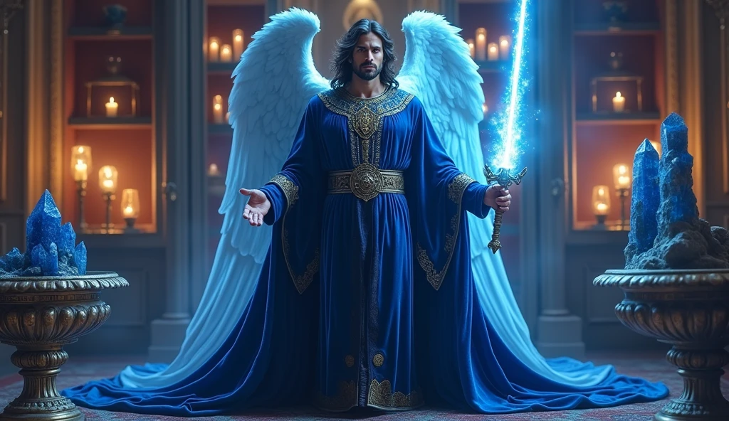 ultra realistic image of archangel michael chic velvet tunic and blue cape, with his blue flame sword blessing the house, in the background a living room with a closet with many lit blue candles, blue kyanite crystals, and a beautiful water fountain with tall crystals, convey depth
