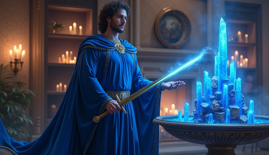 ultra realistic image of archangel michael chic velvet tunic and blue cape, with his blue flame sword blessing the house, in the background a living room with a closet with many lit blue candles, blue kyanite crystals, and a beautiful water fountain with tall crystals, convey depth