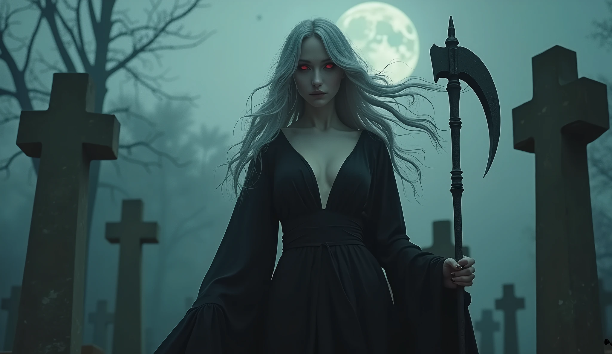 In the moonlit graveyard、Sexy female reaper dressed in black robe、Standing with a bone-like sickle。From the deep slit of the robe、White skin peeking out。Long silver hair dancing in the wind、His red eyes shine coldly in the darkness。In the background are old gravestones and a quiet mist.、There is a mysterious and calm atmosphere。Her expression is calm yet seductive.、Immerse your audience in a deep meditation。Aiming for realistic depictions、The photo is in the highest resolution（8k）Please。