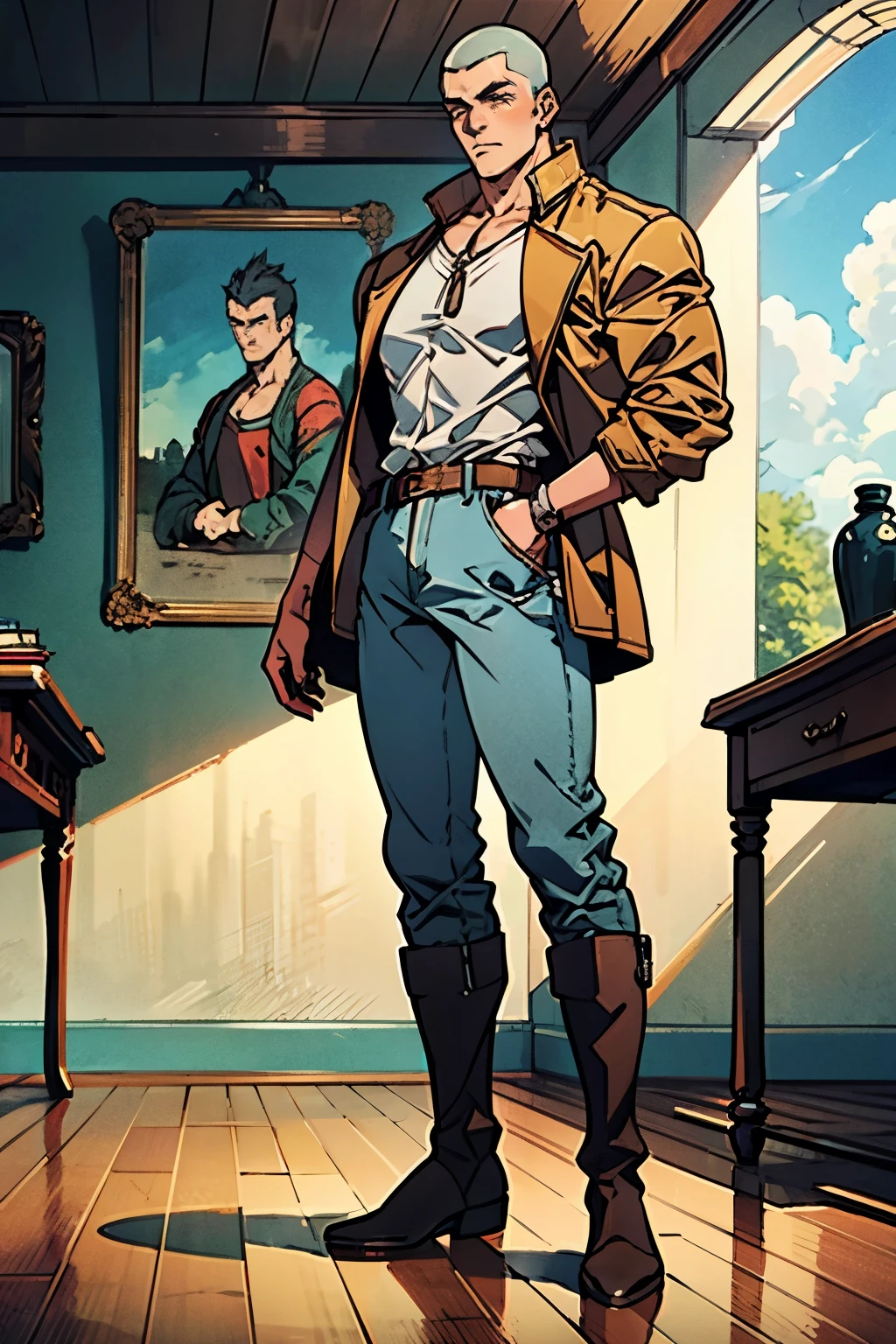 In the backdrop of an ancient fantasy-reality setting, a youth sporting a platinum crew cut displays a piercing gaze and confident demeanor. Adorned in a two-piece fusion outfit, seamlessly blending Western and Eastern influences, he wears a snug dark top paired with a vibrant yellow-blue short jacket. The lower half features loose white utility pants, and his sturdy long boots echo through the corridors of an antiquated architectural landscape. The overall aesthetic captures the essence of a refined and mature anime-inspired  rogue, symmetrical face, extremely detailed eyes and face, high quality eyes, high definition, highres, ultra-fine painting, exquisite and mature, extremely delicate, professional, anatomically correct, creativity, UHD, HDR, 32k, Natural light, cinematic lighting, best shadow, masterpiece-anatomy-perfect, best quality, masterpiece, ultra-detailed