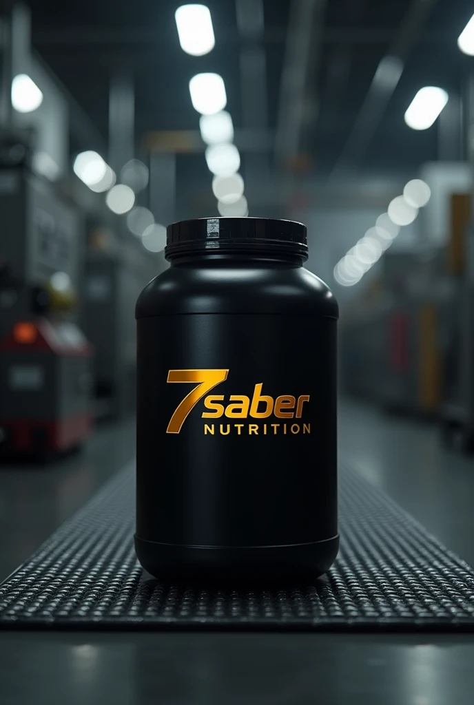 A dark factory where sports nutrition is produced, 3-2 kg plastic jars, black too, with a golden 7saber nutrition logo, let them show the mat, several machines, no need for now

