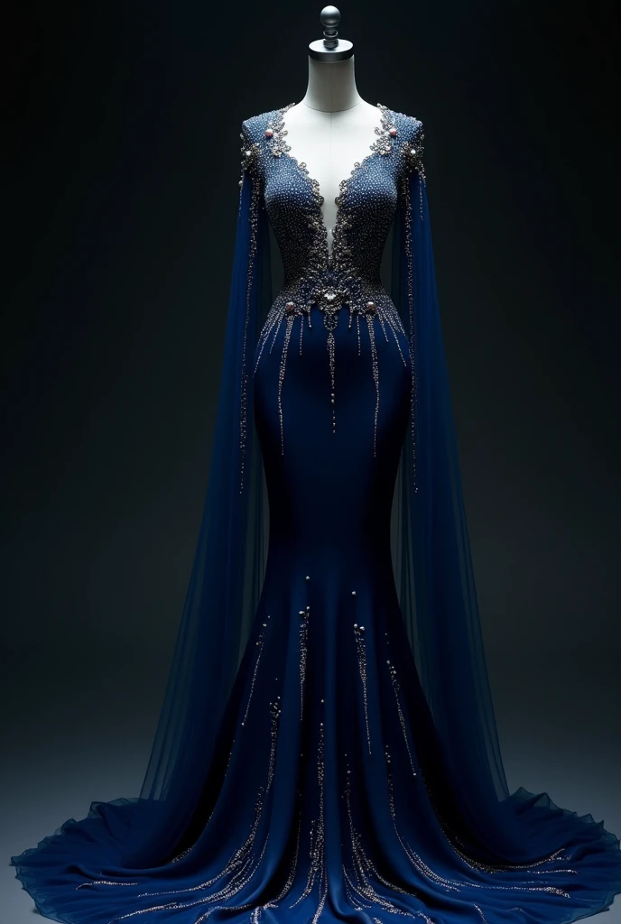 Robe bleu foncé, serre au corps mettant en valeur la silhouette féminine, la robe est longue et divine, décoré majestueusement avec des cristaux et des perles qui tombes comme des larmes, la robe doit être sur un mannequin sans visage, la robe est misterieuse et dramatique, dar féminine energy