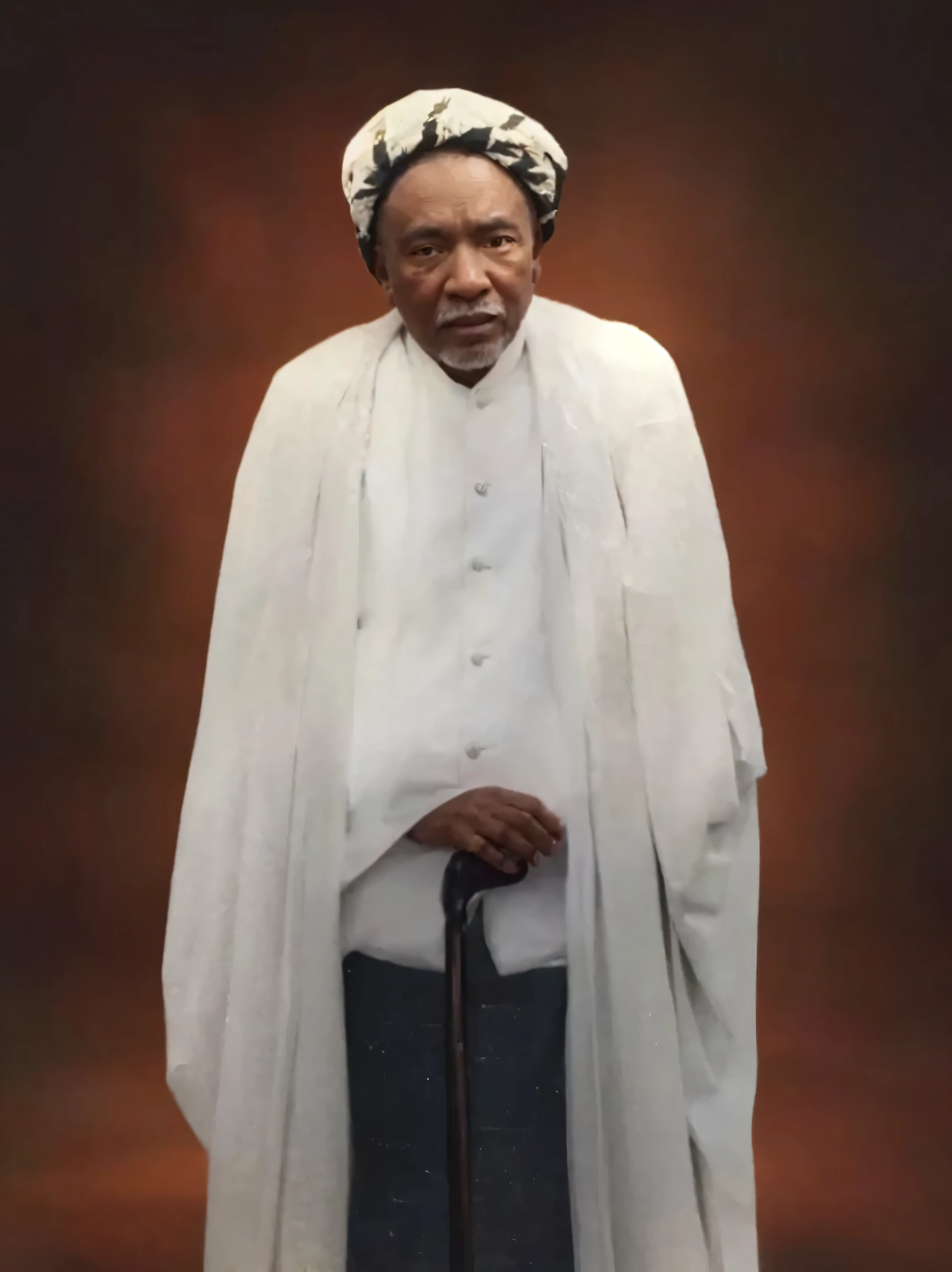 Make this photo look ultra realistic and detailed, arafed man with a turban and in white robe and hat with cane standing in front of a brown background, adebanji alade, portrait n - 9, inspired by Abdur Rahman Chughtai, close portrait, ceremonial portrait, full body photograph, full protrait, portrait picture, full length portrait, very detailed potrait, realistic portrait photo, profile portrait, very detailed face, very realistic face, very perfected face, very detailed clothes, very realistic clothes, very perfected clothes.