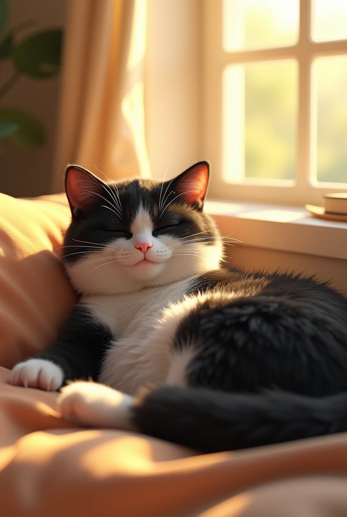 A chubby black and white cat is sleeping with bright sunlight shining through the window 3d