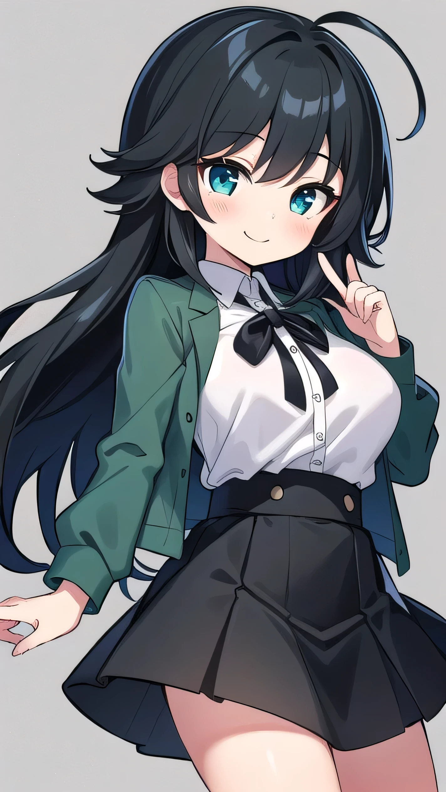 Junior high school student who looks like an elementary school student, , very short, 140 cm tall, black hair with a slight green tinge, short ahoge, beautiful long hair but with a little hair sticking out, beautiful round eyes, blue eyes, smile, boyish, long sleeves, Thick clothes, skirt, big breasts, hair longer than waist, long hair, childish face, gentle smile, a little shy, black skirt, black hair with a slight green tinge, boyish, gentle smile, jacket one size larger, ( Deep greenish black hair: 1.3)