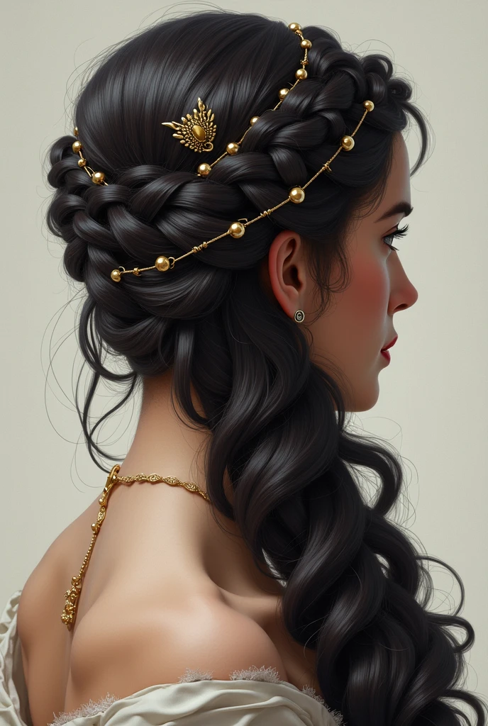 Greek hairstyle with curls and braids visible from behind decorated with period accessories.