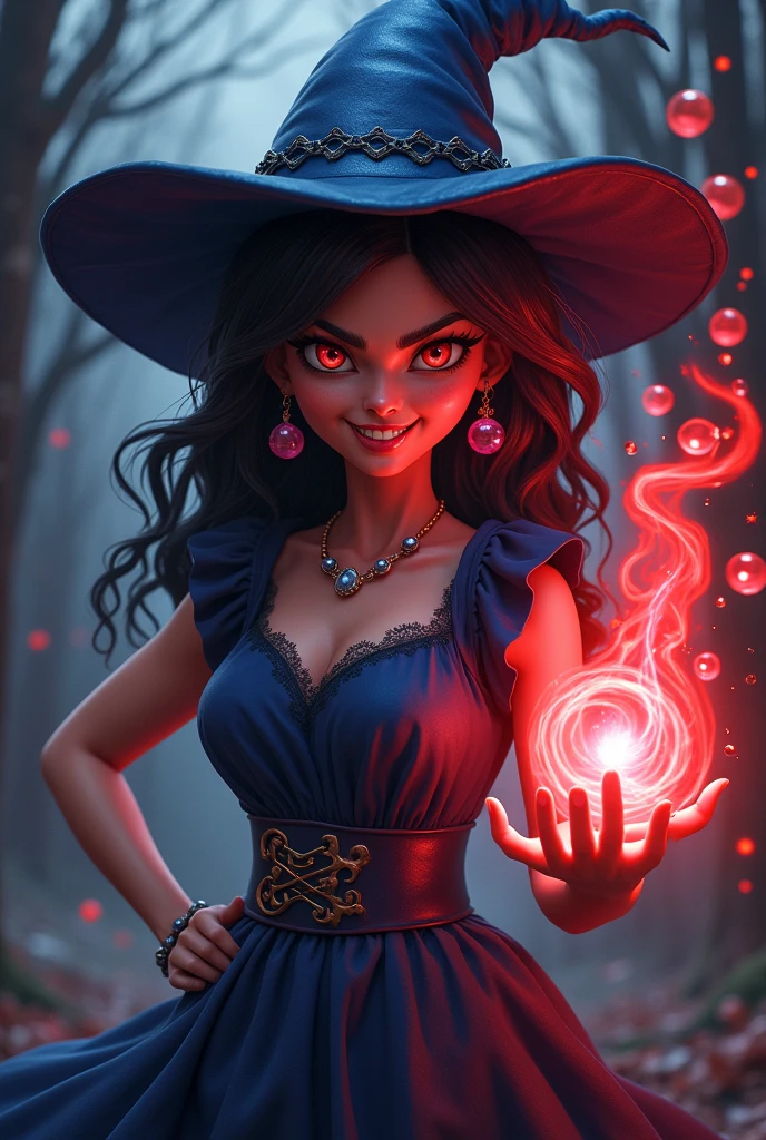 An evil teenage witch with blue and red hair, red eyes, an evil face, a witch hat and a dress. She has to be using her powers, the colors of which are red. Her dress is blue and so is her hat., She wears earrings shaped like soap bubbles and has soap bubbles on her hat, She is brunette, She has to have one hand on her waist and the other showing her powers, She has to have a bad face and an evil smile, and very confident