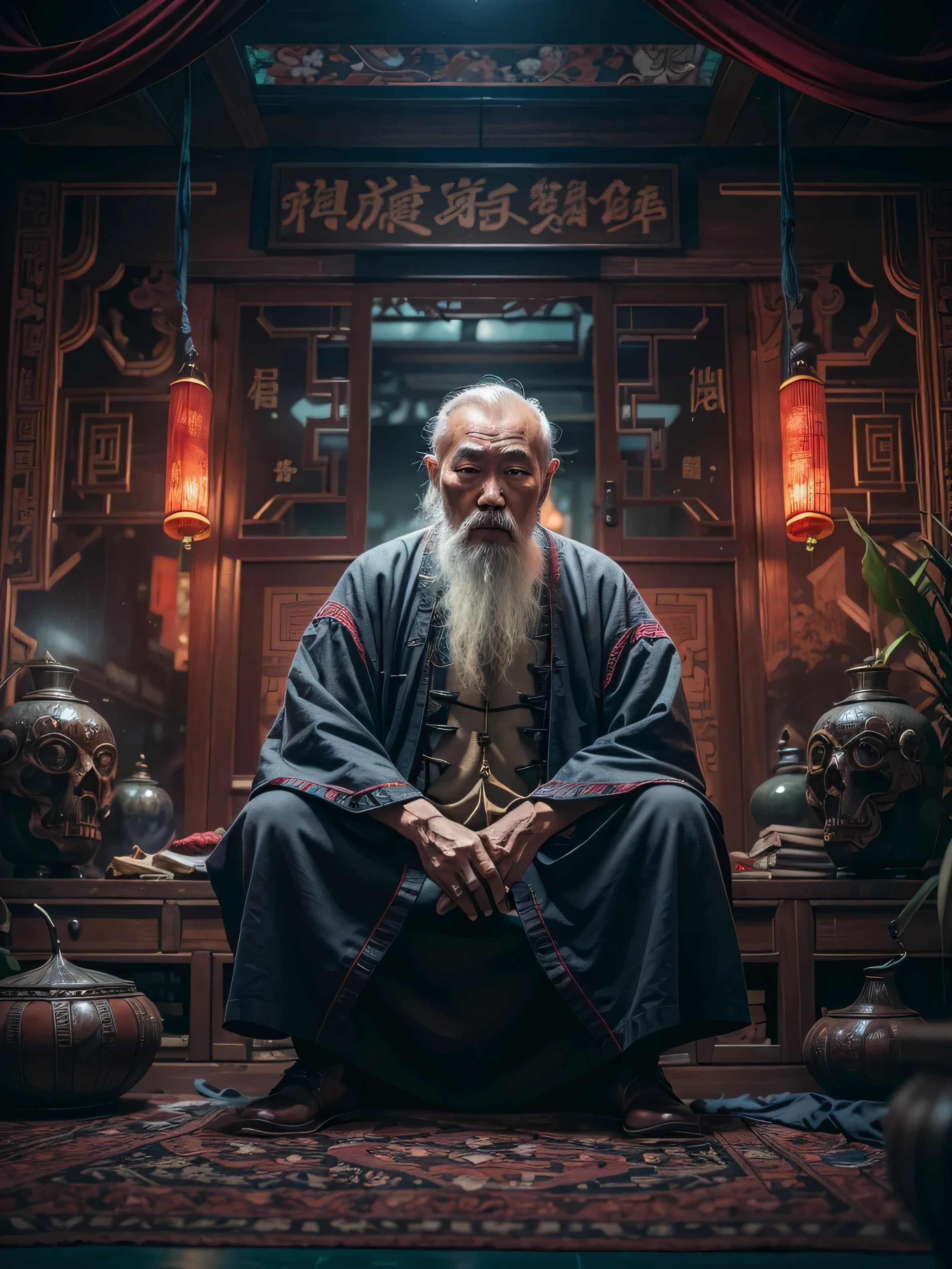 (((Masterpiece))), Best Quality,realistic perspective, High-resolution photograph,realistic details,sharp focus, A mysterious and wise old Chinese man with a long white beard sits in a small, dimly lit room. The room is decorated in a Chinese cyberpunk style, blending traditional elements like yin-yang symbols and dragon motifs with futuristic, neon-lit cyberpunk interior design. The atmosphere is mystical and shady, with hints of magic in the air. The man wise chinese man is in thinking, exuding an aura of deep wisdom and hidden knowledge(extremely intricate:1.3),4k, 8k