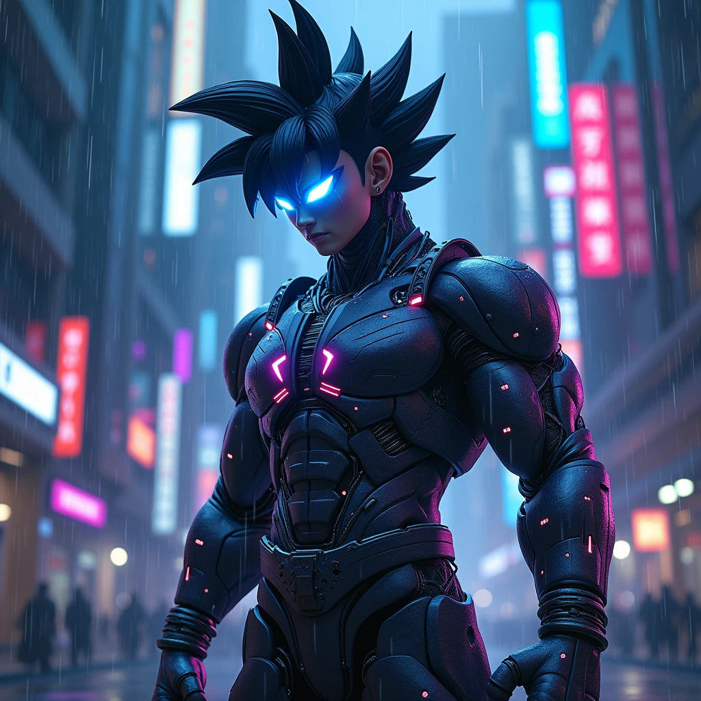 Goku as a cyberpunk ninja,intricate cybernetic armor,complex circuitry,neon lights,dark city night scene,gritty urban environment,rain and neon reflections,dynamic action pose,hyper-detailed,8k,photorealistic,dramatic lighting,moody color palette,electric blue and purple tones,cinematic compositionphotorealistic, hyper realistic, intricate details, high resolution, high quality, cinematic, depth of field,