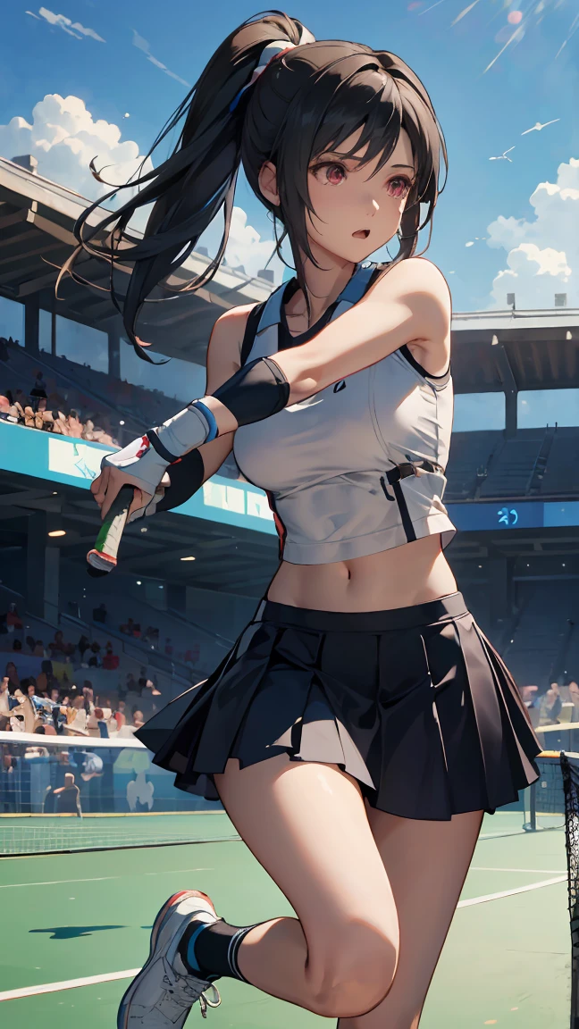 ((best quality)), ((masterpiece)), (detailed), Create a highly detailed image of a tennis player inspired by Tifa Lockhart from the RPG series Final Fantasy. The character should have long, flowing black hair, expressive eyes, and a strong yet feminine physique. She is wearing a modern tennis outfit, with a sleeveless white top, a short skirt, and tennis shoes, all reminiscent of Tifa's iconic style. The scene is set on a sunlit outdoor tennis court, with dynamic action as she prepares to hit the ball, showcasing her agility and strength. The background includes a vibrant blue sky and a few clouds, adding a sense of energy to the scene.