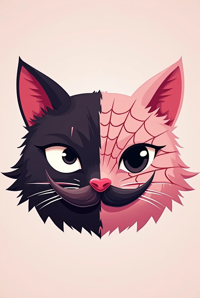 I want an icon, half face of a dark pink fur cat, long and sharp mustaches, the other half of the face should be a paler pink. The eye on the pale pink side will be black, and a spider web path will form from it that extends across half of the face, the other half has red eye, Now it looks more comical/cartoon