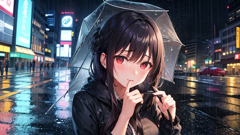Please focus on drawing a woman sheltering from the rain.。On a street corner in the city、A woman holds an umbrella while worrying about her wet hair、Staring at the rain with a moist expression。In the background、The dimly reflected neon lights of the city and the wet roads are depicted.、Make sure to highlight the female presence。