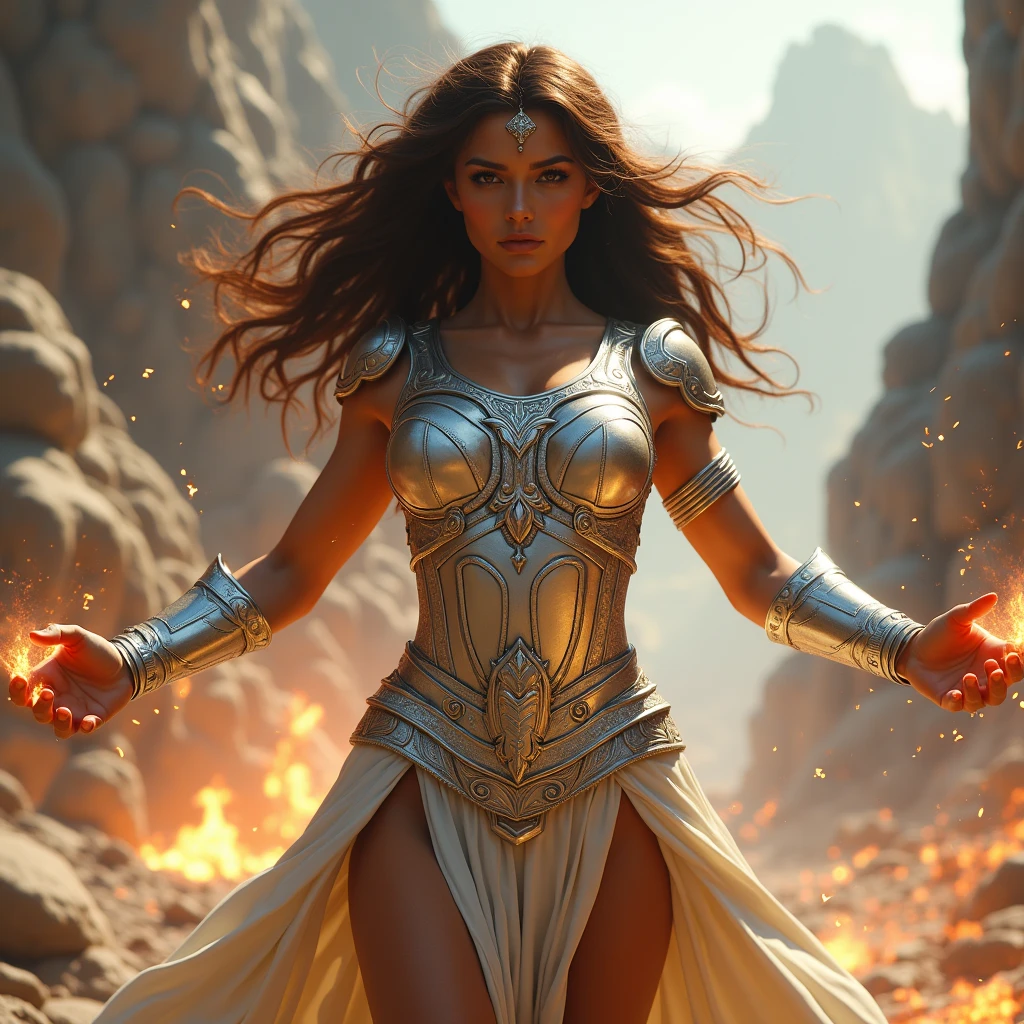 A slight tanned Goddess like athena, body like a sculpture in platinum armor with long beautiful brown hair and deep dark brown eyes, ripping apart a monster with her bare hands, epitome of beauty, her whole body covered in armor from head to toe, no place that could pierce her body