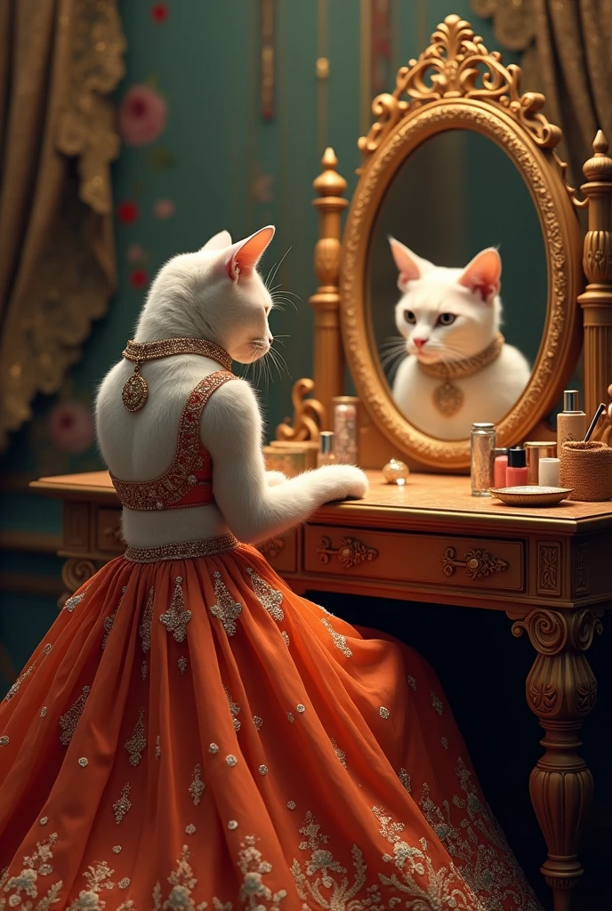 Ek beautiful cat jisne lehnga  pehna h or jewelry b pehni or wo  h apne aap ko dressing me dekh rhi h seen dressing table samne h or cat dekh  rhi h 