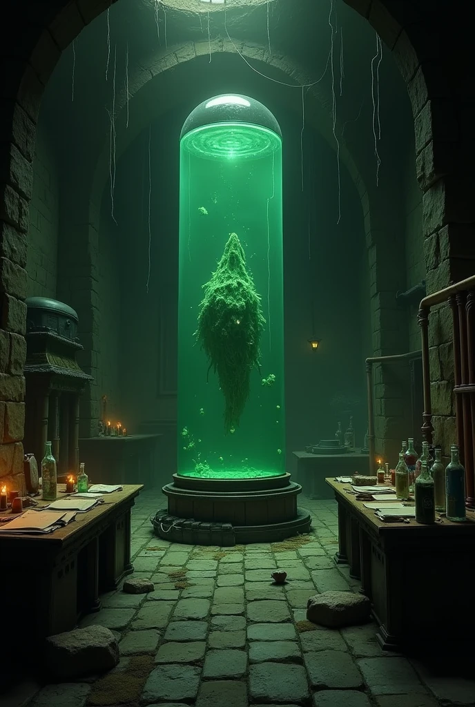 The chamber is cold and damp, with broken vials and ampoules scattered across the stone floor. Oak tables are covered with detailed notes on biological experiments. In the center of the room, two large glass tanks are connected to copper tubes, one of the tanks is broken and the other contains a pulsating green liquid and something indistinct floating inside it (silhueta de um slaad de Dungeons e Dragons): but it's definitely organic. Medieval style with steam punk.