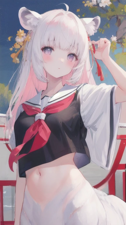 (best quality, masterpiece), 1 girl, centaur, I beg, White skin, Japanese schoolgirl, black pink, exposing the abdomen, belly button t-shirt , Beautiful girl perfect white tiger photo, Perfect kids photo