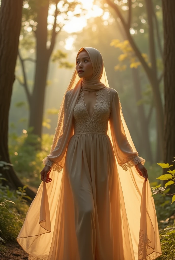 A serene and enchanting scene in a sunlit forest, featuring an Asian woman with flowing long hijab. She is wearing an overall dress calm with intricate lace on the bodice and a flowing, semi-transparent skirt that catches the golden light filtering through the trees. The sunlight creates a warm, ethereal glow, casting soft shadows and illuminating the dust particles in the air, giving the scene a beautiful, almost magical feel. The lush forest backdrop with tall trees and dense foliage creates a natural frame around the woman, enhancing the sense of serenity and solitude. The overall mood of the image is one of gentle peace and beauty, reminiscent of a fairy tale or a romantic moment captured in time.