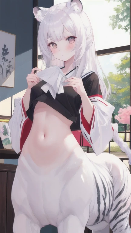 (best quality, masterpiece), 1 girl, centaur, I beg, White skin, Japanese schoolgirl, black pink, exposing the abdomen, belly button t-shirt , Beautiful girl perfect white tiger photo, perfect white tiger photo