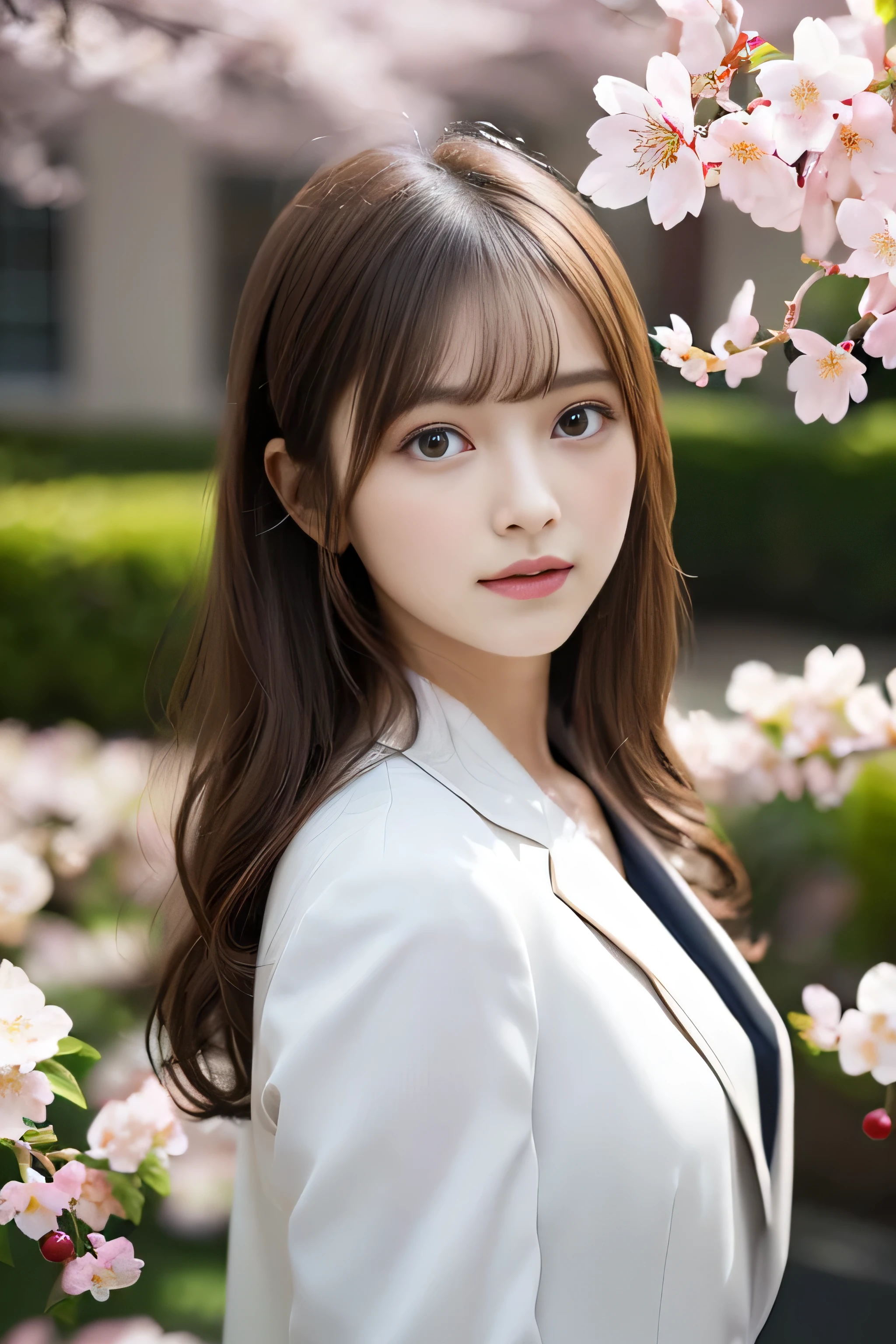 (masterpiece、High resolution、High resolution、超High resolution、delicate、16K、Perfect lighting、sunlight)1 female(2、Brown Hair、Long Hair、Curly Hair、Clear Eyes、Dark lips、slim、thin、OL、suit)garden、cherry blossoms、Cherry blossoms