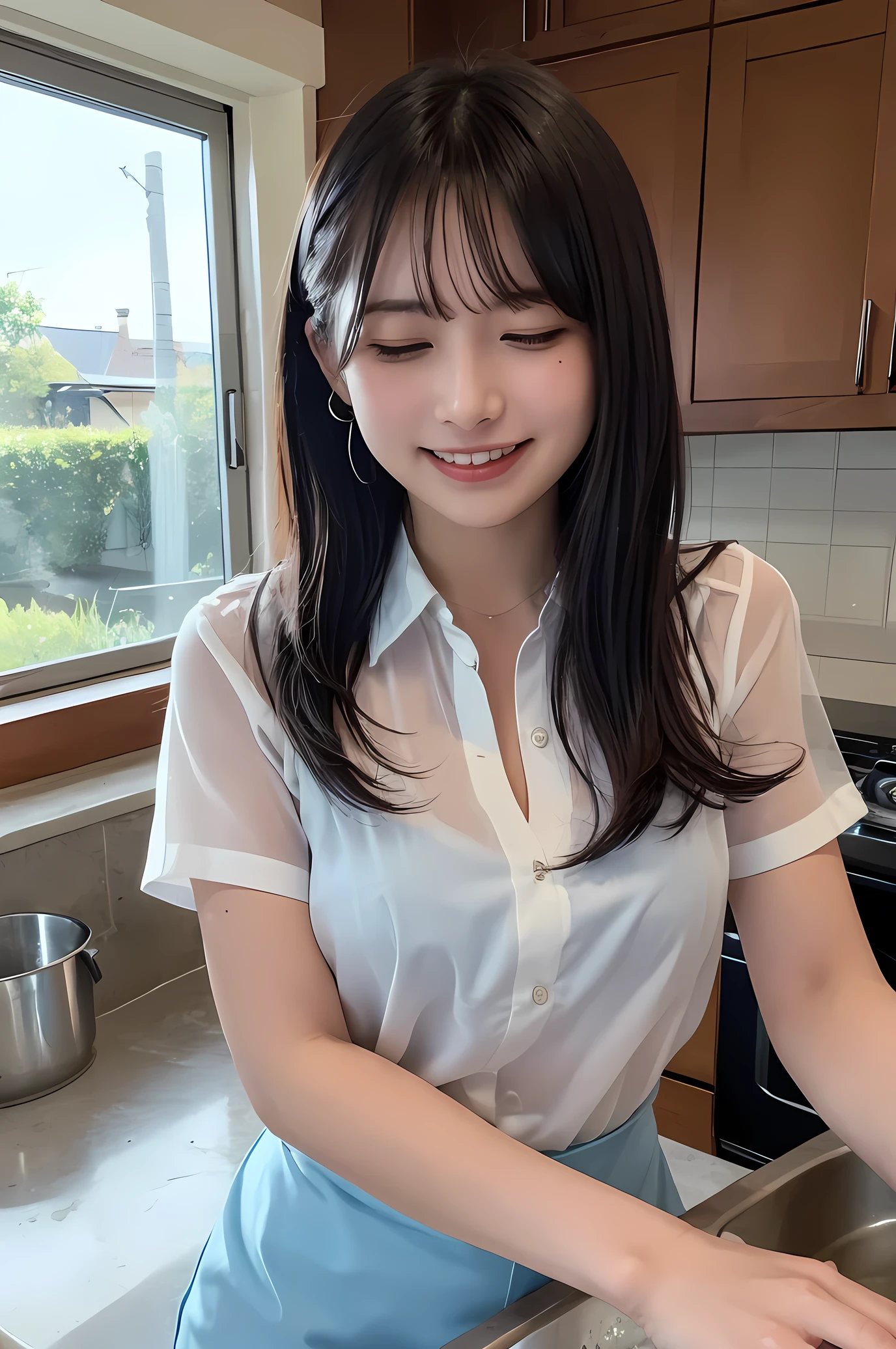 カメラを見つめる, a woman wearing a sheer blouse and a smile cleaning in the kitchen sink, 1girl, solo, closed eyes, shirt, mole, see-through