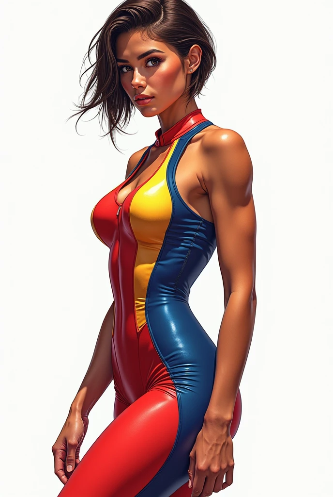 colourful drawing, very realistic of a woman of about 2, with Latin strokes, body similar to that of athlete Jutta Leerdam, short and stylish hair. She is wearing a skintight motorcycle jumpsuit, como o que Trinity usou em Matrix.