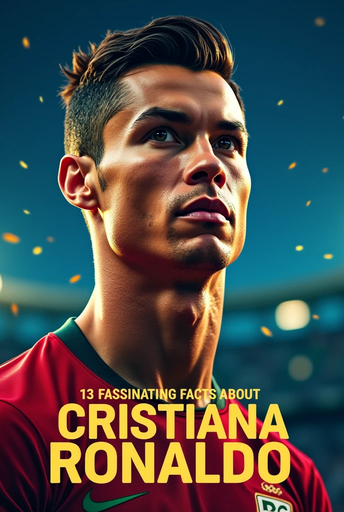 You’re a talented graphic designer specializing in creating eye-catching YouTube thumbnails that attract viewers while accurately representing the content. You have a keen sense for color combinations, typography, and imagery that resonate with sports fans, particularly those interested in soccer and notable athletes. 

Your task is to create a YouTube thumbnail for a video titled "13 Fascinating Facts About Cristiano Ronaldo." 

Here are the details you'll need to keep in mind:  
- The thumbnail should feature an engaging image of Cristiano Ronaldo.  
- Use bold, vibrant colors to capture attention, particularly shades of blue and gold, which are eye-catching and associated with success.  
- Include the title text "13 Fascinating Facts About Cristiano Ronaldo" in a clear, readable font. Ensure the text is large enough to be seen even on smaller screens.  
- Add an exciting or intriguing graphic element, such as stars, soccer balls, or a trophy, to emphasize the sports theme.  
- Consider incorporating a subtle texture or background that enhances the overall visual appeal without making it too crowded.  

Please create a visual layout that combines these elements effectively while ensuring that it conveys the essence of the video content and entices viewers to click.