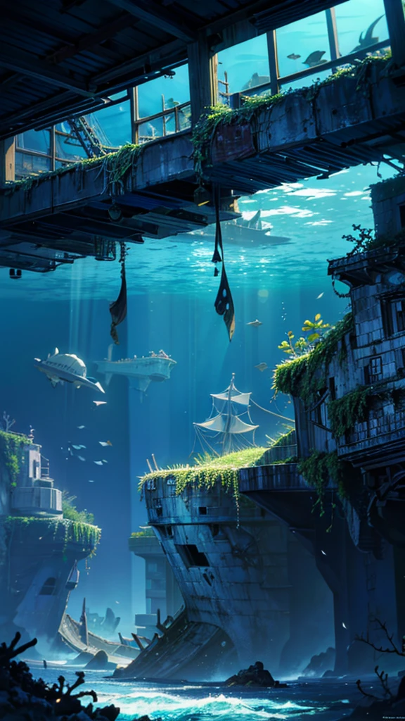 "An intriguing underwater scene in an anime style, showing a sunken ship resting on the ocean floor. The ship is partially covered in moss and coral, giving it an ancient, mysterious feel. Surrounding the ship, colorful fish swim in and out of the windows, while a large stingray glides gracefully overhead. The light from the surface creates a soft, ethereal glow, highlighting the details of the ship and the marine life around it."