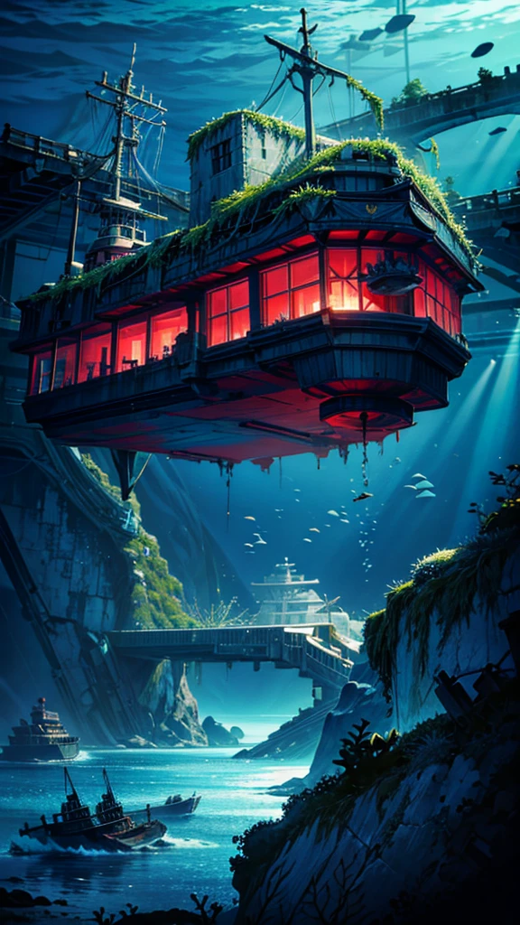 "An intriguing underwater scene in an anime style, showing a sunken ship resting on the ocean floor. The ship is partially covered in moss and coral, giving it an ancient, mysterious feel. Surrounding the ship, colorful fish swim in and out of the windows, while a large stingray glides gracefully overhead. The light from the surface creates a soft, ethereal glow, highlighting the details of the ship and the marine life around it."