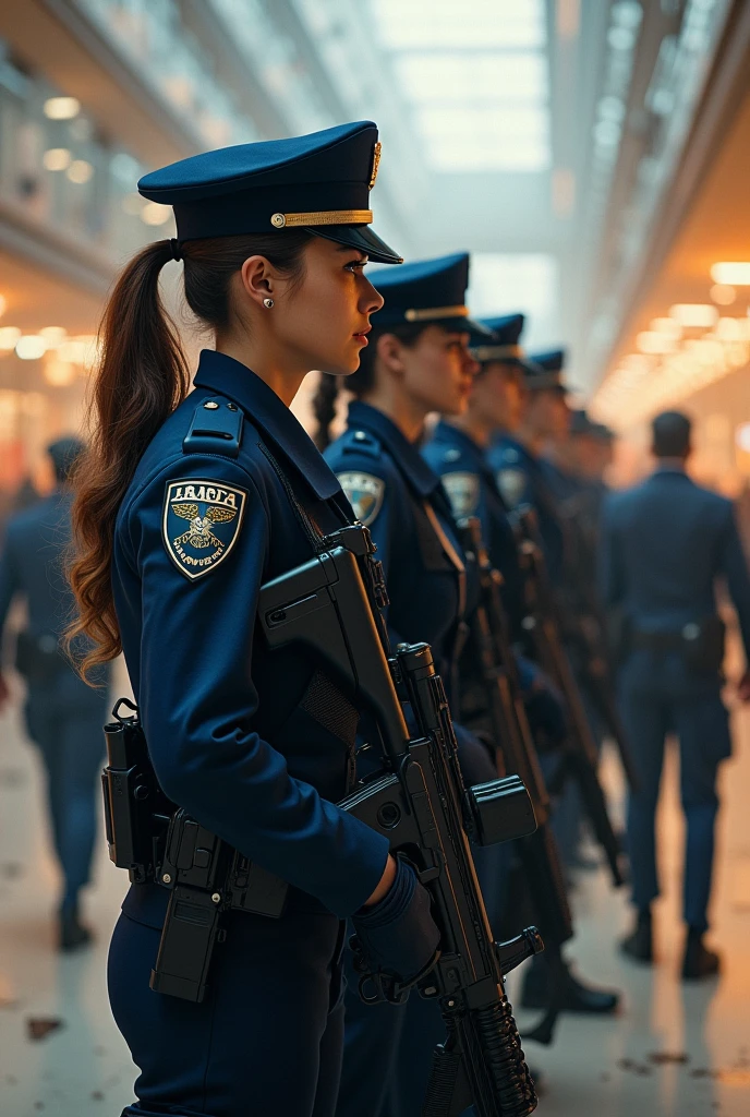  100 sexy armed police women in a vertical line arr watching a violent riot unfolding in the mall