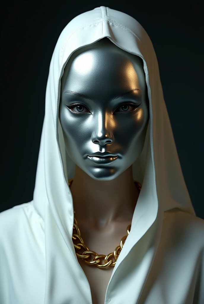 Create a close-up image of a mysterious figure wearing a silver metallic mask with a smooth, reflective surface.  Man The mask should cover the entire face and be highly polished with subtle facial details like deep-set eyes, a defined nose, and closed lips. The figure is dressed in a white robe with a golden chain around the neck. The background should be dark and emphasize the shiny texture of the mask. The lighting should cast soft shadows, highlighting the contours of the face.
