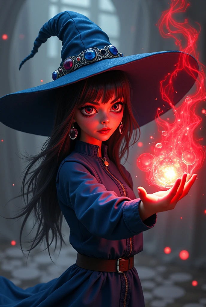 An evil teenage witch with blue and red hair, red eyes, an evil face, a witch hat and a dress. She has to be using her powers, the colors of which are red. Her dress is blue and so is her hat., She wears earrings shaped like soap bubbles and has soap bubbles on her hat, She is brunette