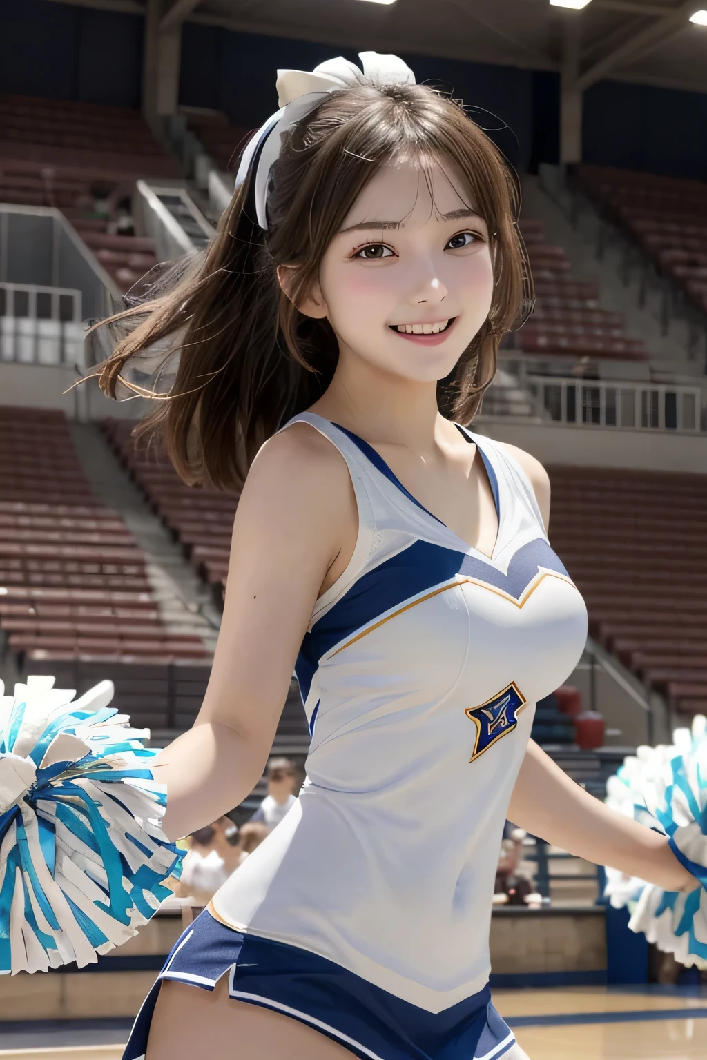 One Girl, 1 person,Highest quality,High resolution,超High resolution,8k,Realistic,Upper Body,encounter_audience,Large Breasts, the body is slim,(cheer Girl:1.2),