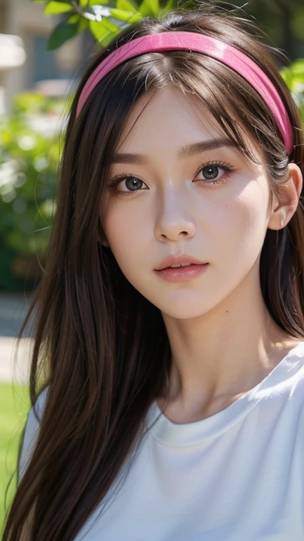 pink haired girl with parted bangs, green eyes, facial scar, wearing a red headband, standing alone, medium shot, highly detailed, masterpiece, (best quality,4k,8k,highres,masterpiece:1.2),ultra-detailed,(realistic,photorealistic,photo-realistic:1.37),HDR,UHD,studio lighting,ultra-fine painting,sharp focus,physically-based rendering,extreme detail description,professional,vivid colors,bokeh,portrait