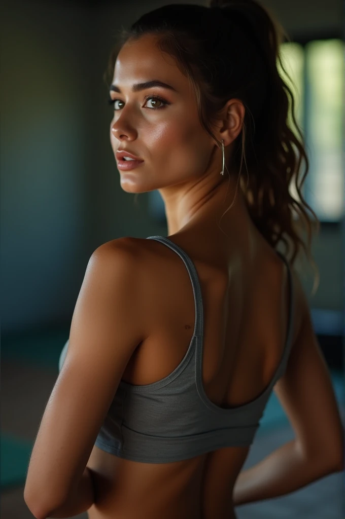 In a quiet gym environment, a brazilian woman doing yoga, wearing a revealing yoga outfit, with a close-up focused on the shape of her breasts and her concentration on the yoga poses, highlighting your inner peace and external beauty.