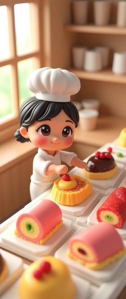 (masterpiece:1.2, Highest quality,Ultra-high resolution,Very detailed),8k,(wallpaper),(Realistic:2.0),(RAW Photos:2.0),(Plastic Model:2.0),(Cake shopで働くちびキャラのかわいい女性Pastry chef:2.0),(Cake shopにはMr.々Mr.々Roll cakes made with various fruits are arranged in a square shape..,Cake shop,Pastry chef,Very simple design),(Isometric 3D Diorama:2.0),Matte Paint
