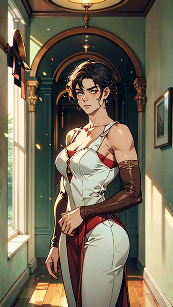 In the setting of an old reality scenario, a young man with a piercing gaze and a confident demeanor. Adorned in a two-piece fusion outfit, perfectly blending Western and Eastern influences, Tactical style.  echo through the corridors of an old-fashioned architectural landscape. The overall aesthetic captures the essence of a refined and mature anime-inspired rogue-like, symmetrical face, extremely detailed eye and face, high quality eyes, High definition, high resolution, ultra-fine painting, exquisite and mature, extremely delicate, proffesional, anatomically correcte, creativity, ultra HD, HDR, 32 mil, naturallight, cinematic lighting, best shade, work of art-anatomy-perfect, best qualityer, work of art, ultra detali