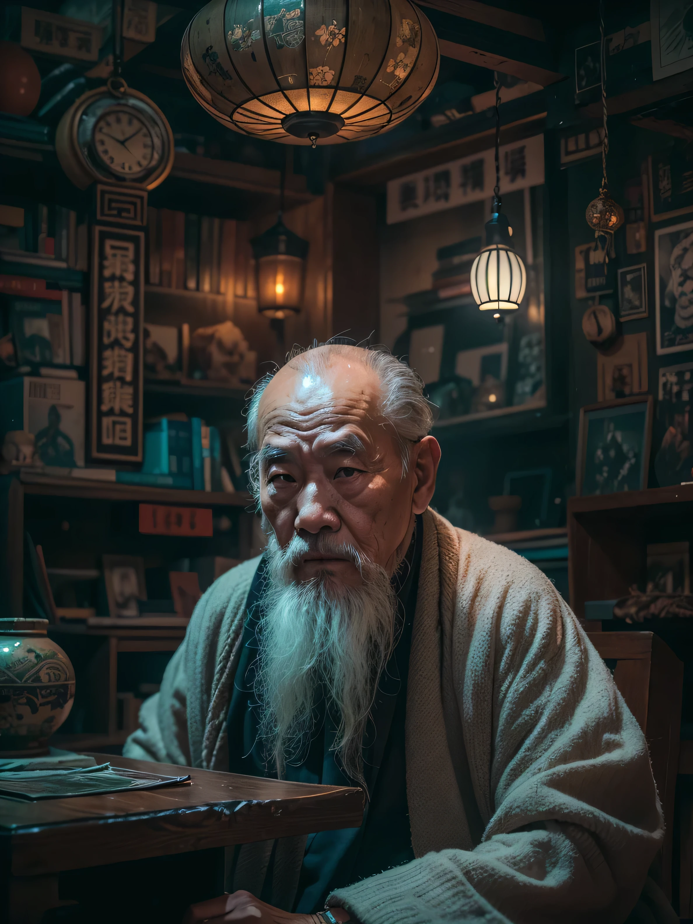 (((Masterpiece))), Best Quality,realistic perspective, High-resolution photograph,realistic details,sharp focus, A mysterious and wise old Chinese man with a long white beard sits in a small, dimly lit room. The room is decorated in a Chinese cyberpunk style, blending traditional elements like yin-yang symbols and dragon motifs with futuristic, neon-lit cyberpunk interior design. The atmosphere is mystical and shady, with hints of magic in the air. The man wise chinese man is in thinking, exuding an aura of deep wisdom and hidden knowledge(extremely intricate:1.3),4k, 8k