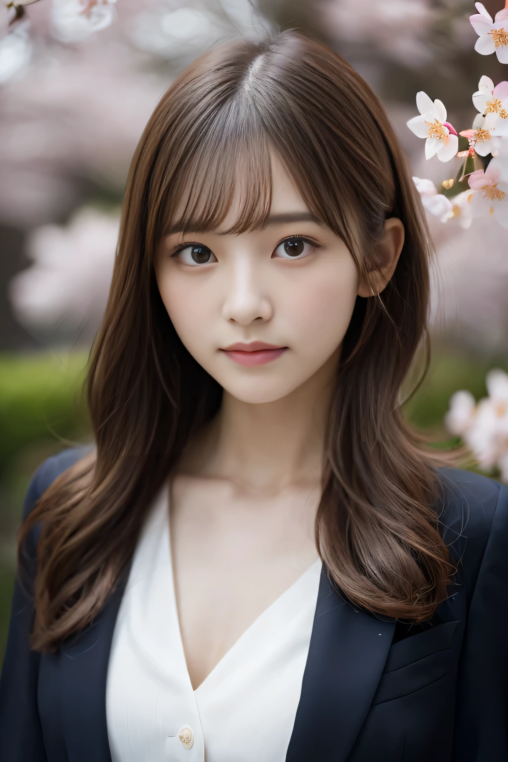 (masterpiece、High resolution、High resolution、超High resolution、delicate、16K、Perfect lighting、sunlight）1 female（2、Brown Hair、Long Hair、Curly Hair、Clear Eyes、Dark lips、slim、thin、OL、suit）garden、cherry blossoms、Cherry blossoms