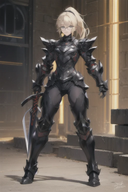 Blonde beauty with short ponytail，Chest，black tights，Pitch black sci-fi armor，Black Gauntlets，Thin legs，Jet black iron boots，Standing，cross sword，maze，Lower half rimless glasses, 