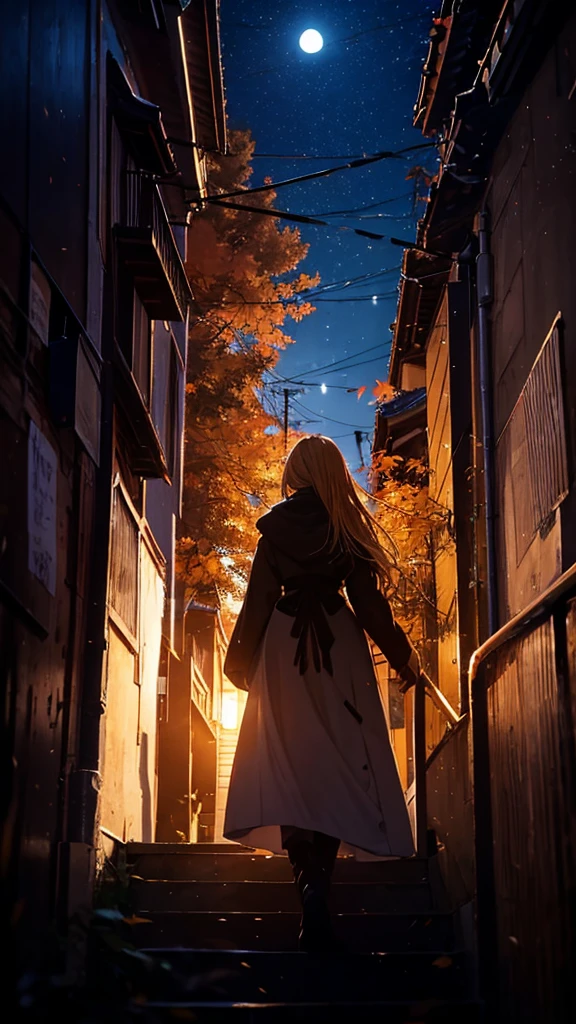 １people々々々々々々々々々々々々々々々々々々,Blonde long-haired woman，Long coat， Dress Silhouette， Rear View， Anime Style,evening， Rows of ginkgo trees in autumn，，night，Cityscape from the top of the stairs，
