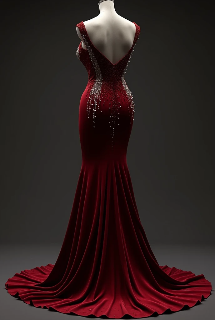 Robe rouge foncé, serre au corps mettant en valeur la silhouette féminine, la robe est longue et divine, décoré majestueusement avec des cristaux et des perles qui tombes comme du sang, la robe doit être sur un mannequin sans visage, la robe est misterieuse et dramatique, dark féminine energy, vue de dos