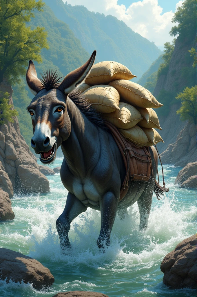 A donkey with many sacks on its back is crossing the river and stumbles and drowns in the water