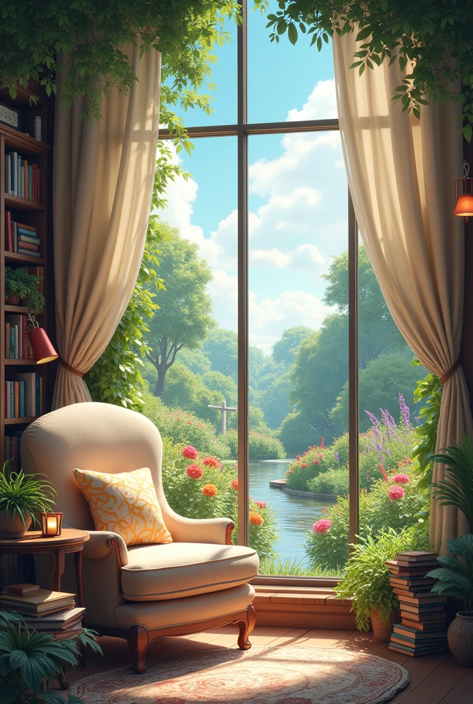 A small, cozy reading nook with comfortable seating and a large window overlooking a vibrant garden. And men girls