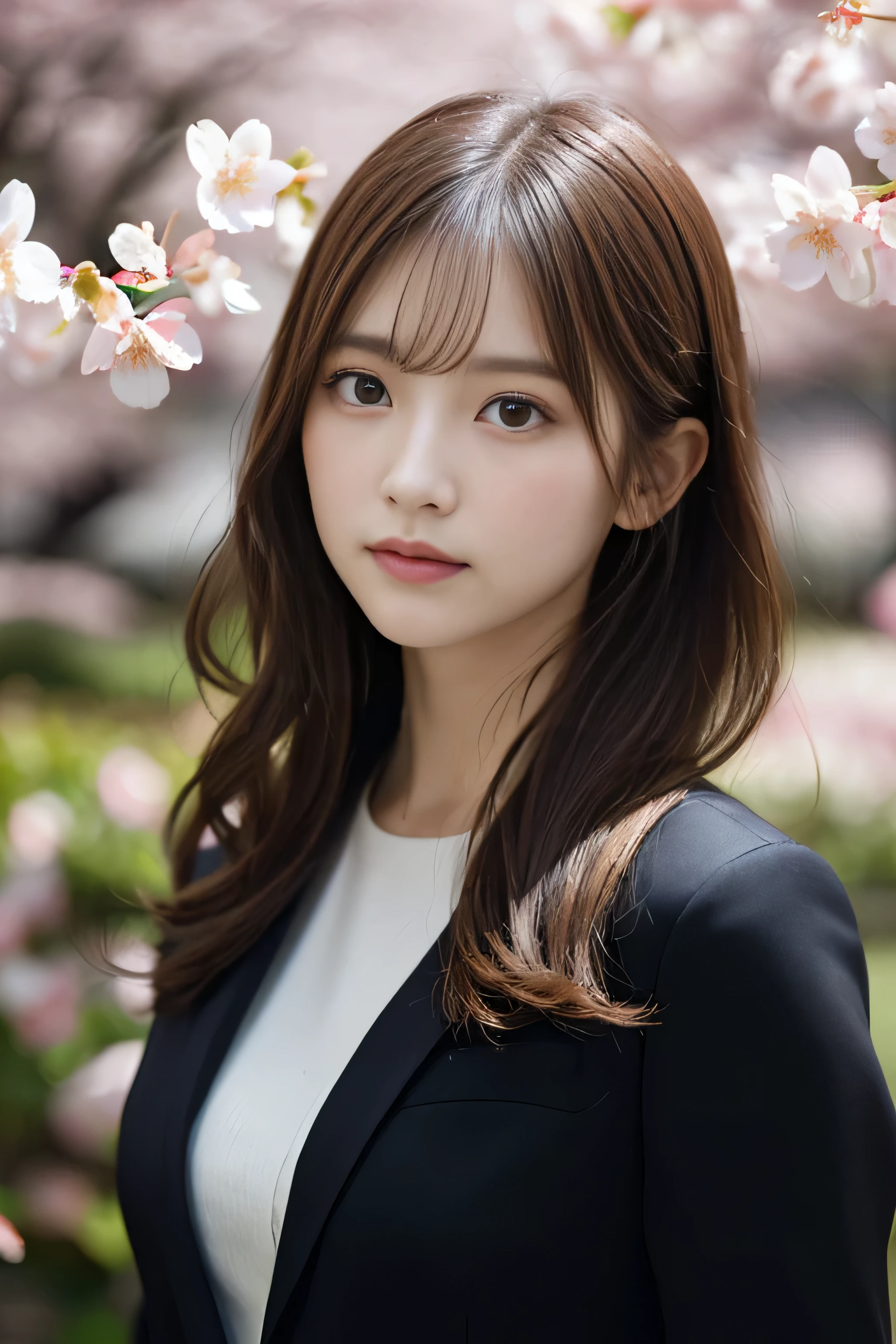 (masterpiece、High resolution、High resolution、超High resolution、delicate、16K、Perfect lighting、sunlight）1 female（2、Brown Hair、Long Hair、Curly Hair、Clear Eyes、Dark lips、slim、thin、OL、suit）garden、cherry blossoms、Cherry blossoms