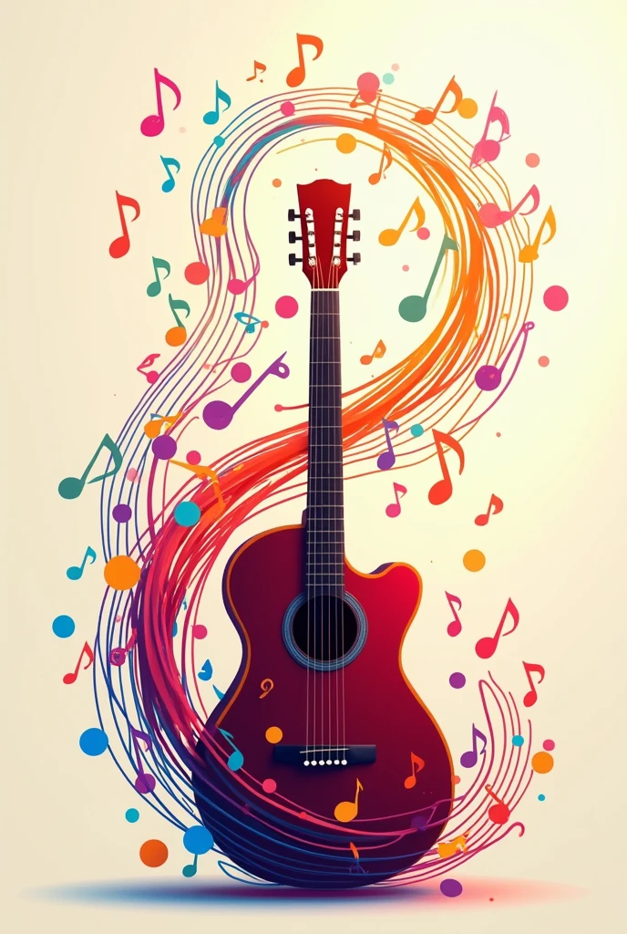Beautiful colored notes on the staff with a guitar.