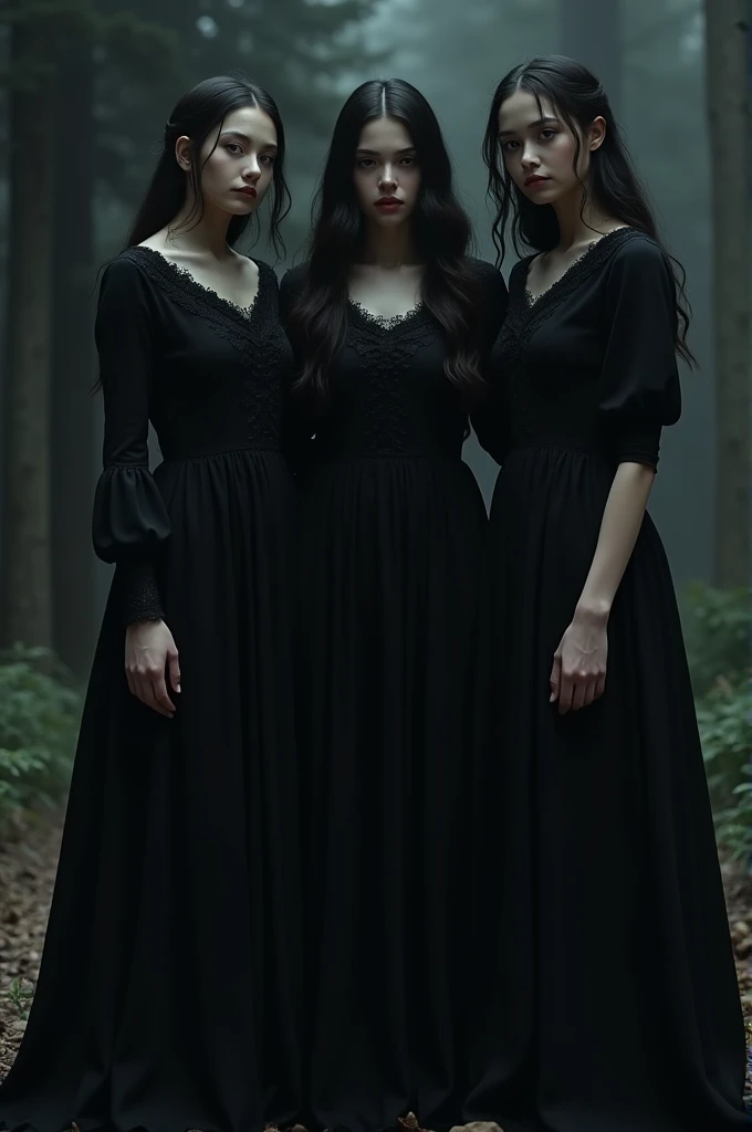 Three sisters all of them have wear black dress one very small another small another little bit bigger at night 