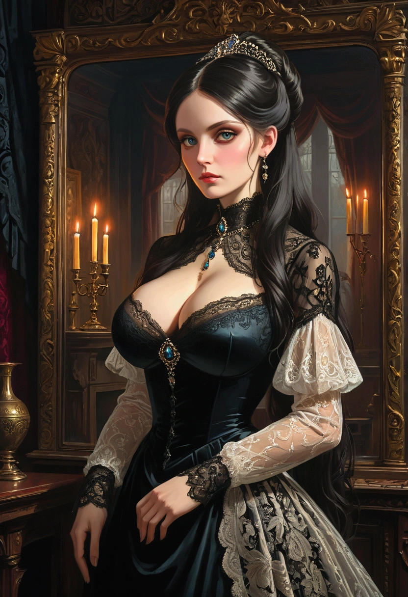 A dark and atmospheric oil painting featuring a stunning Victorian-era woman. She wears an elaborate, high-necked gown adorned with lace and intricate embroidery. Her expression is mysterious, with beautiful eyes that hint at hidden secrets. The setting is a dimly lit, gothic interior, with heavy velvet drapes, a grand fireplace, and an ornate, antique mirror reflecting the flickering light of a candelabrum. Shadows loom in the corners, and the air seems thick with an otherworldly presence, giving the scene an occult and eerie feel. ((Revelating Big boobs)), sexy, detailed face
