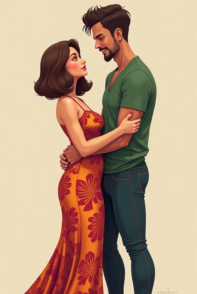 Generate image similar to me and my husband.
With Flamengo's mknha clothes, short, brown hair and short,smooth ass, thin and wide hips.
And he of palm tree, goatee and skinny curly hair